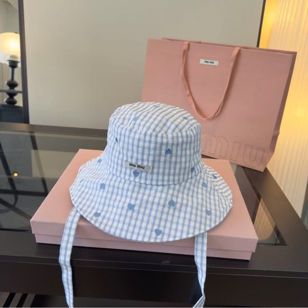 Miu Miu Girls Light Blue Checkered Bucket Hat with Heart Motif